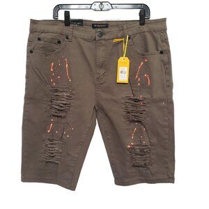 Mens Distressed Paint Splatter Khaki Denim Shorts By M-Society Size 36
